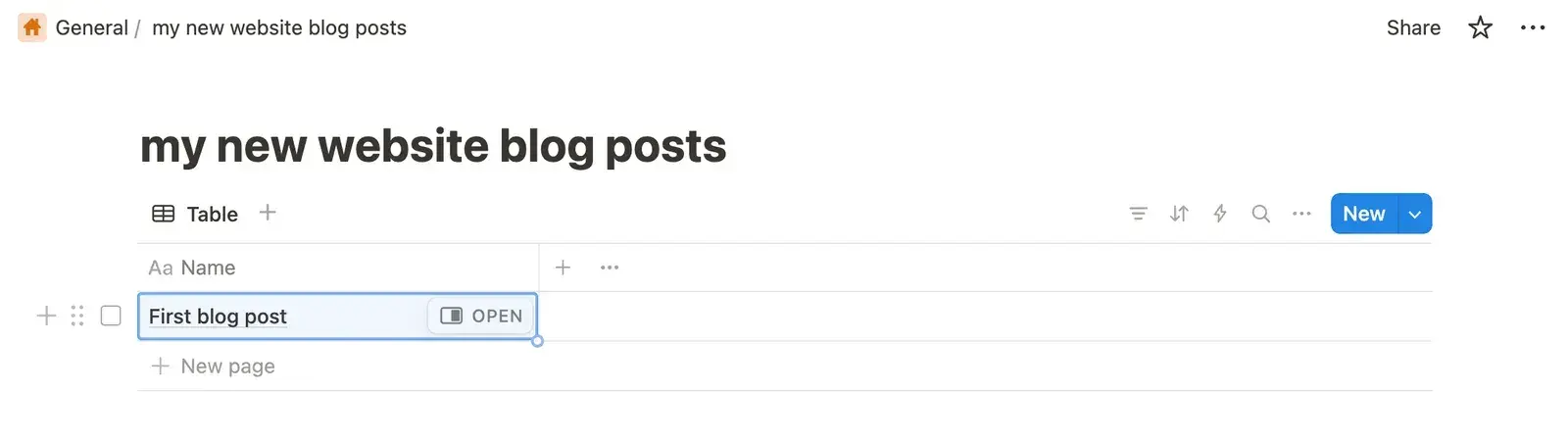 The Notion table with a first row, “First blog post”, and its Open button.