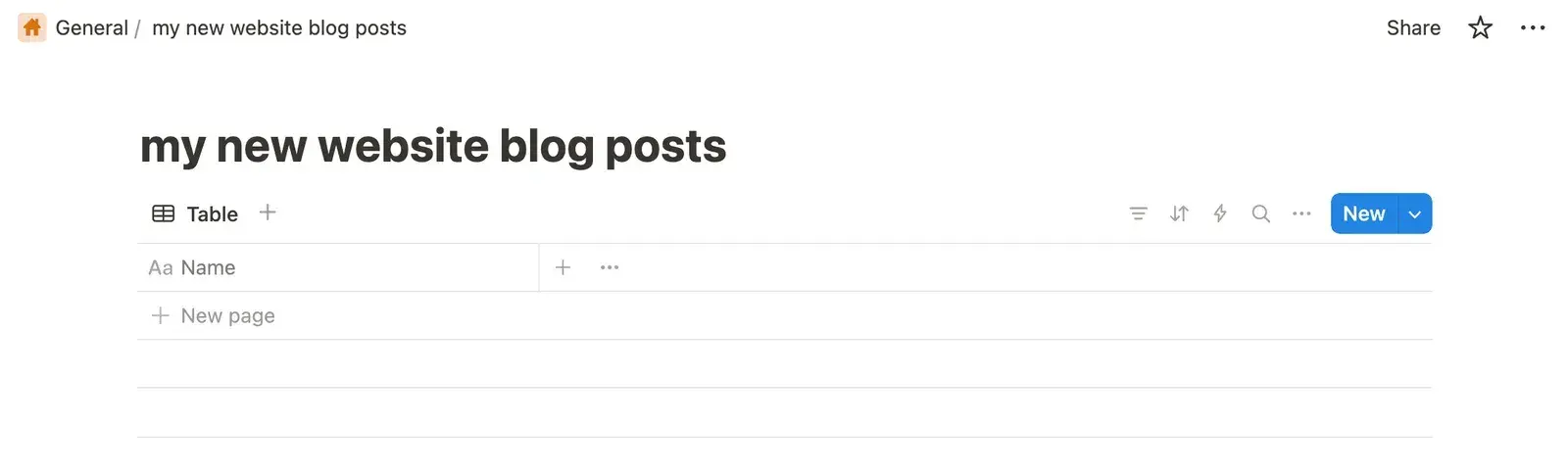 An empty Notion table named “my new website blog posts”.