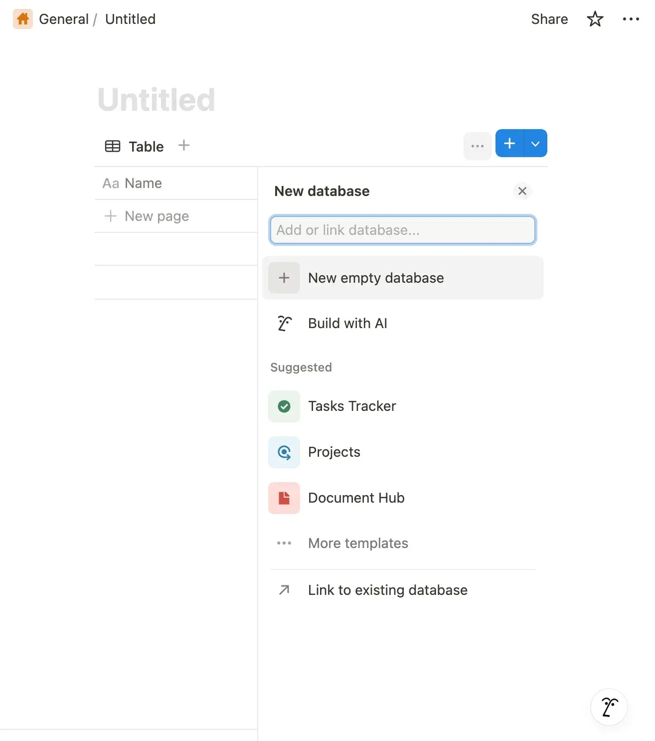 Notion’s New database menu, with “New empty database” at the top.