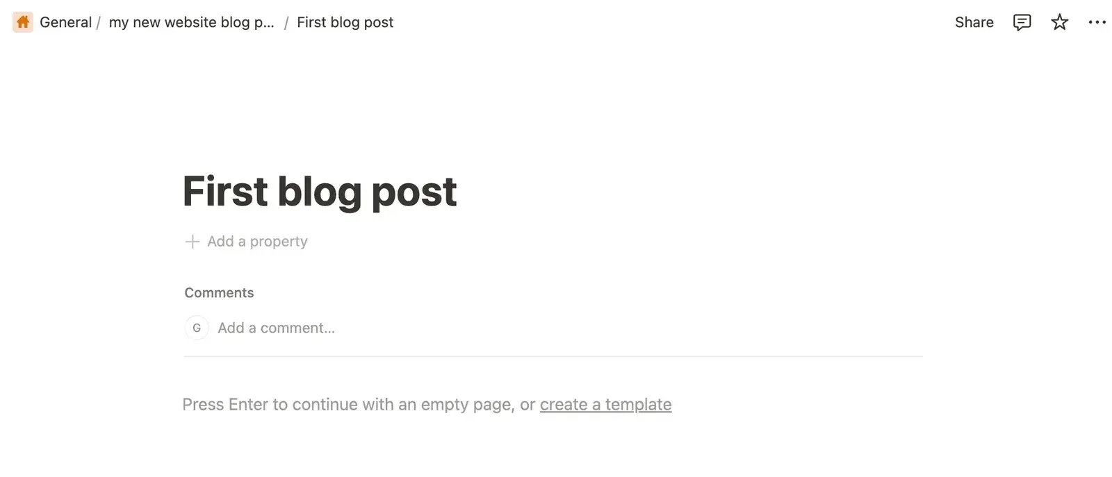 The “First blog post” page open in Notion’s editor.