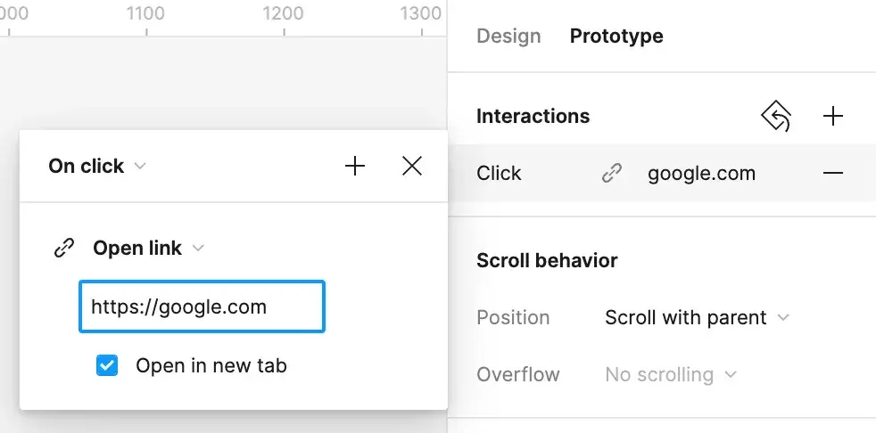 An On click → Open link interaction to https://google.com, with “Open in new tab” checked.