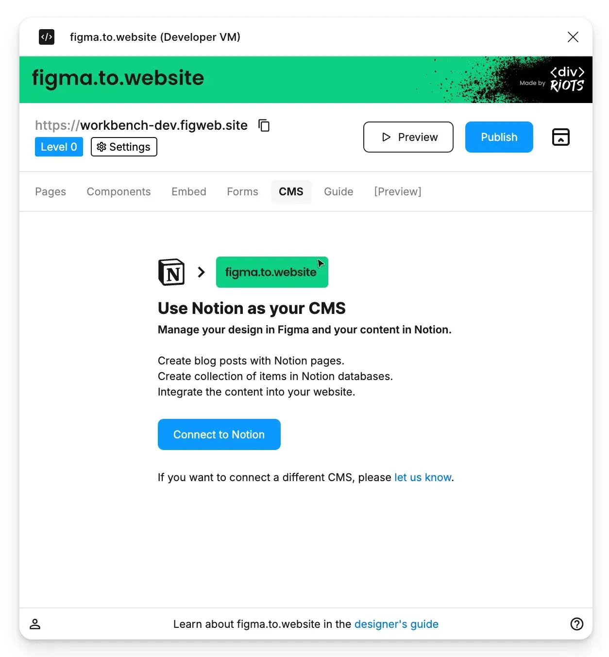 The plugin’s CMS tab: “Use Notion as your CMS”, with a Connect to Notion button.