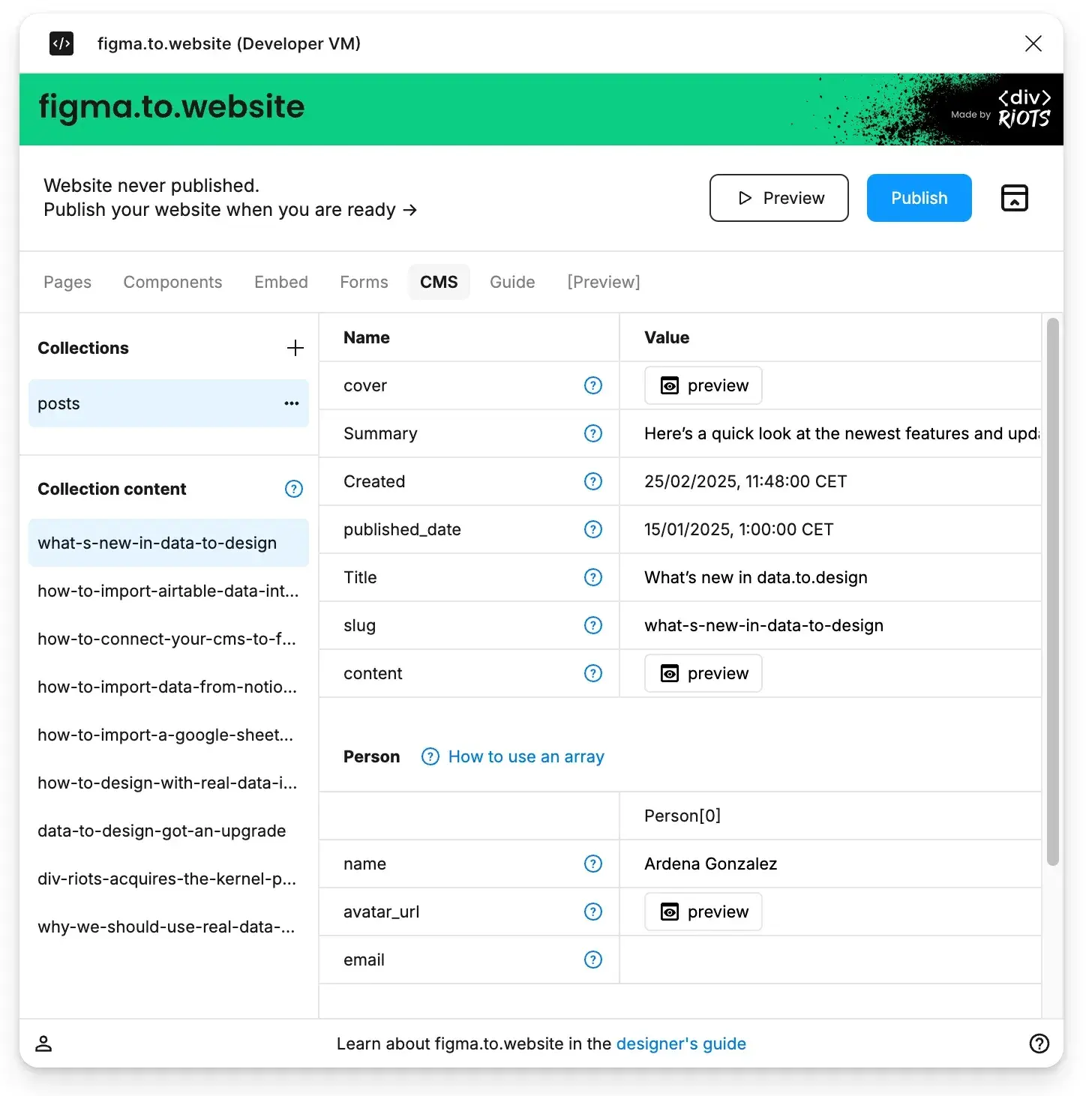 The CMS tab with a “posts” collection: its items on the left and the selected item’s properties and values on the right.