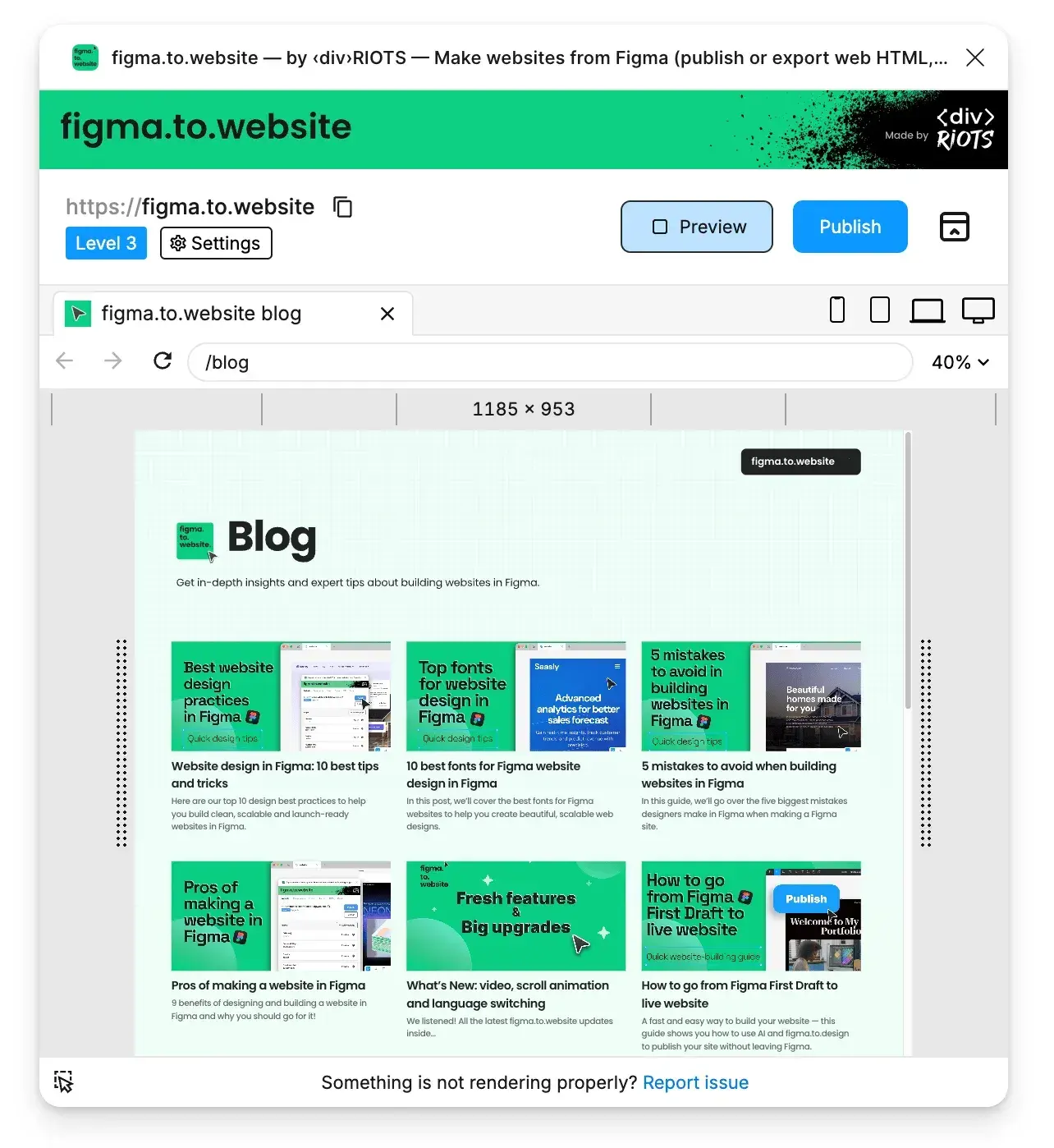 The plugin’s preview of the /blog page: a grid of blog cards filled from Notion.