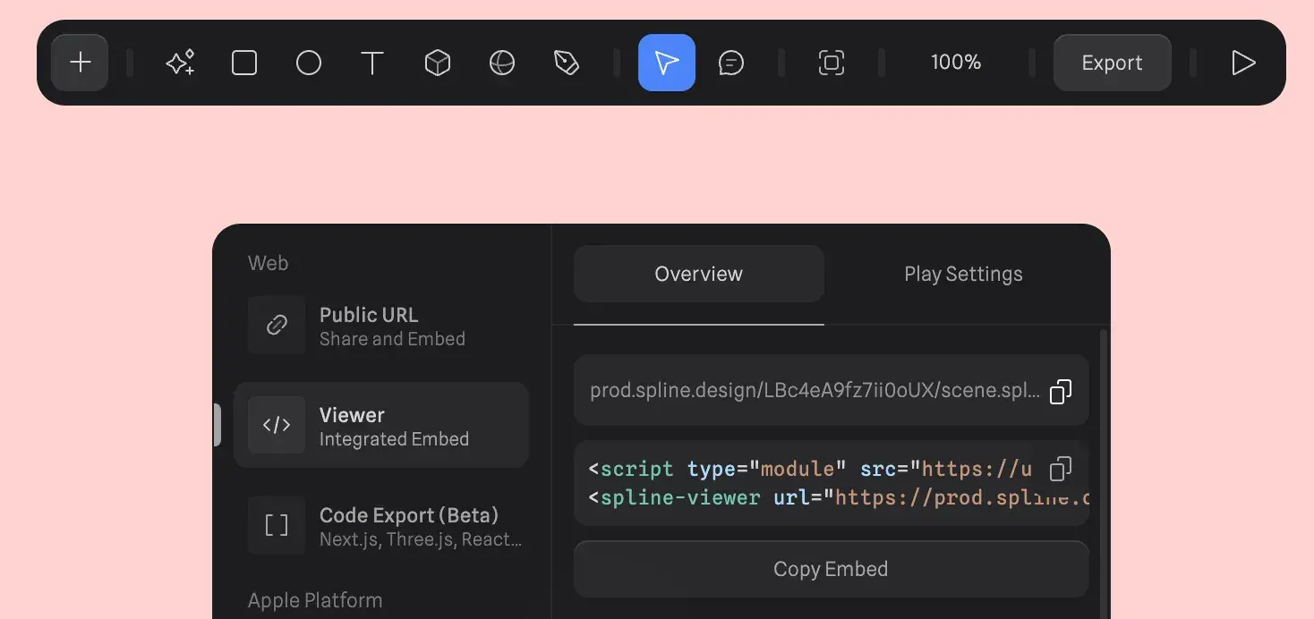 Spline’s Export panel, Viewer tab: the scene URL and the spline-viewer embed code.
