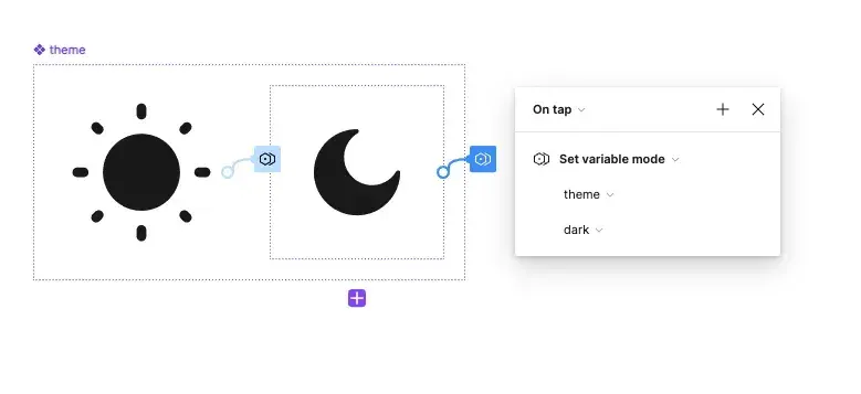 The moon variant of the switch, with an On tap → Set variable mode interaction setting theme to dark.