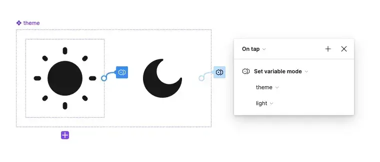 The sun variant of the switch, with an On tap → Set variable mode interaction setting theme to light.