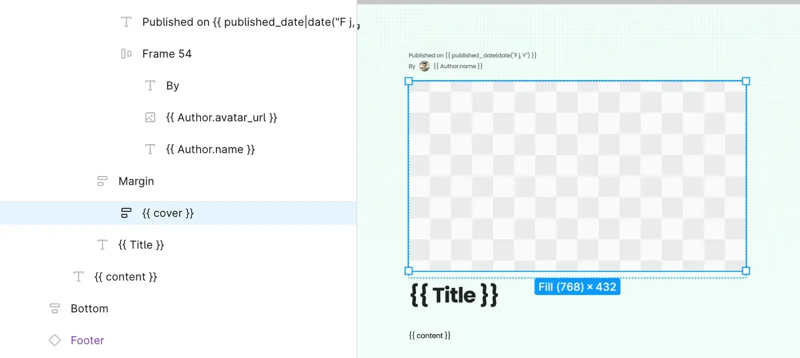 An image-filled frame whose layer name templates the cover property, selected in the BlogDetail design.