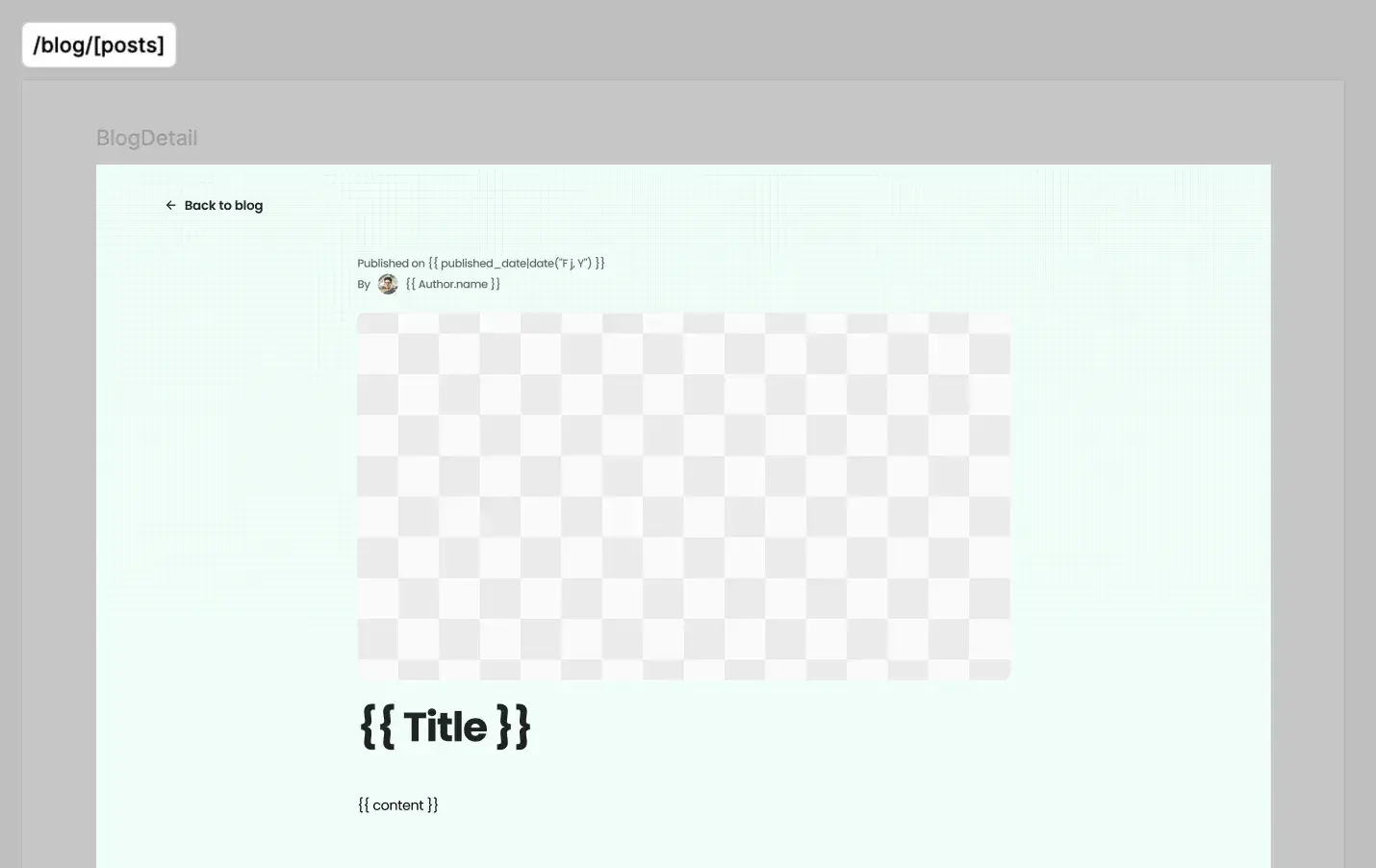 The BlogDetail design with text layers templated with the post’s Title, content and published date.