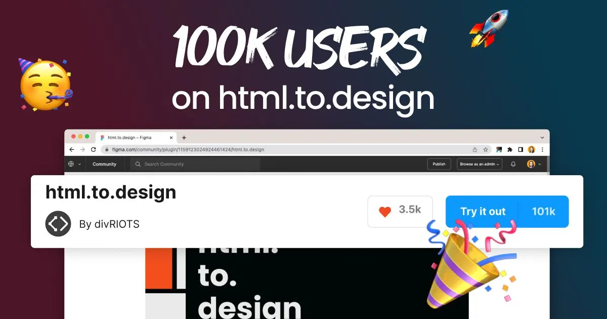 Screenshot of html.to.design Figma community page celebrating 100k users.