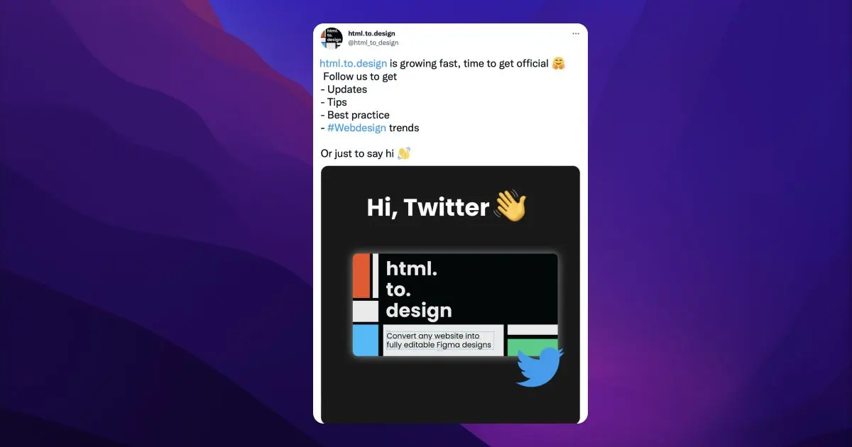 Screenshot of a tweet posted for html.to.design.
