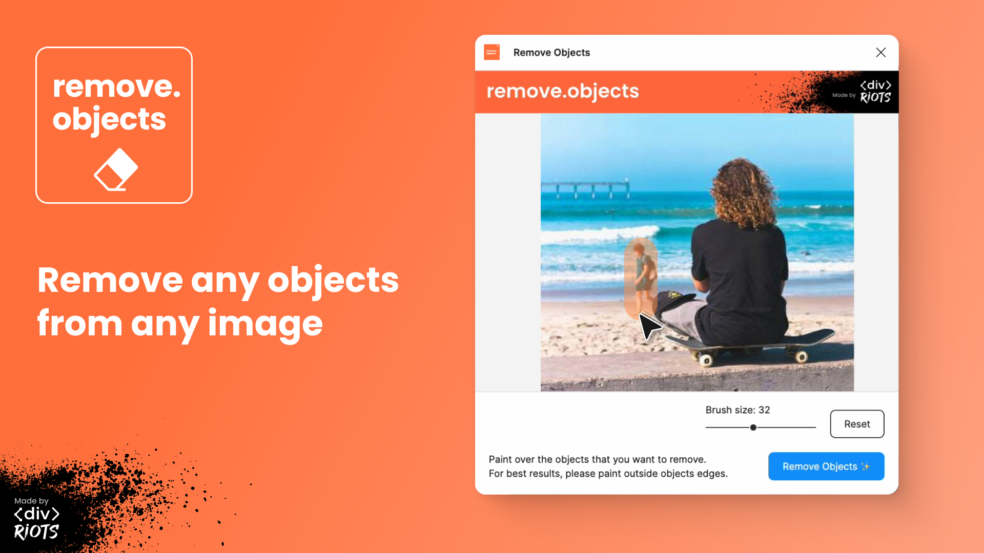 Screenshot of Remove Objects Figma plugin and title Remove any objects from any image.