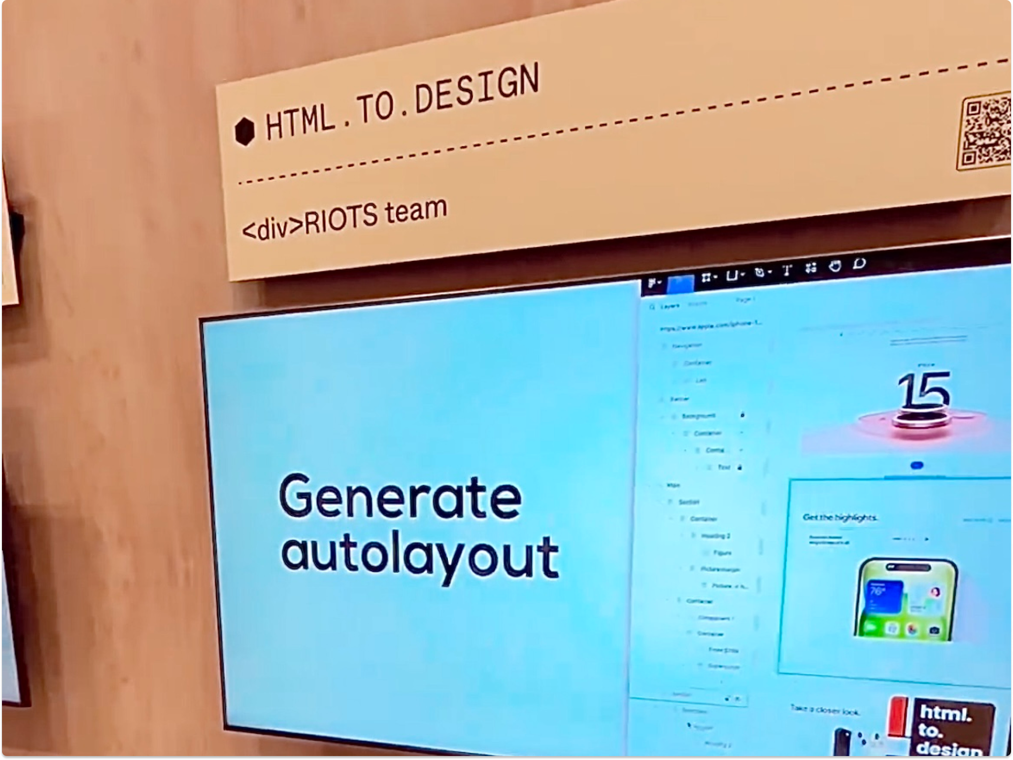 A photo of the html.to.design video demo that played during the first day of Config 2024.