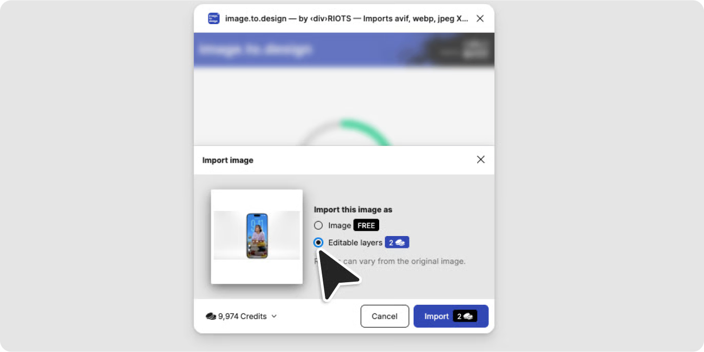 Select editable layers option when importing screenshots with image.to.design.