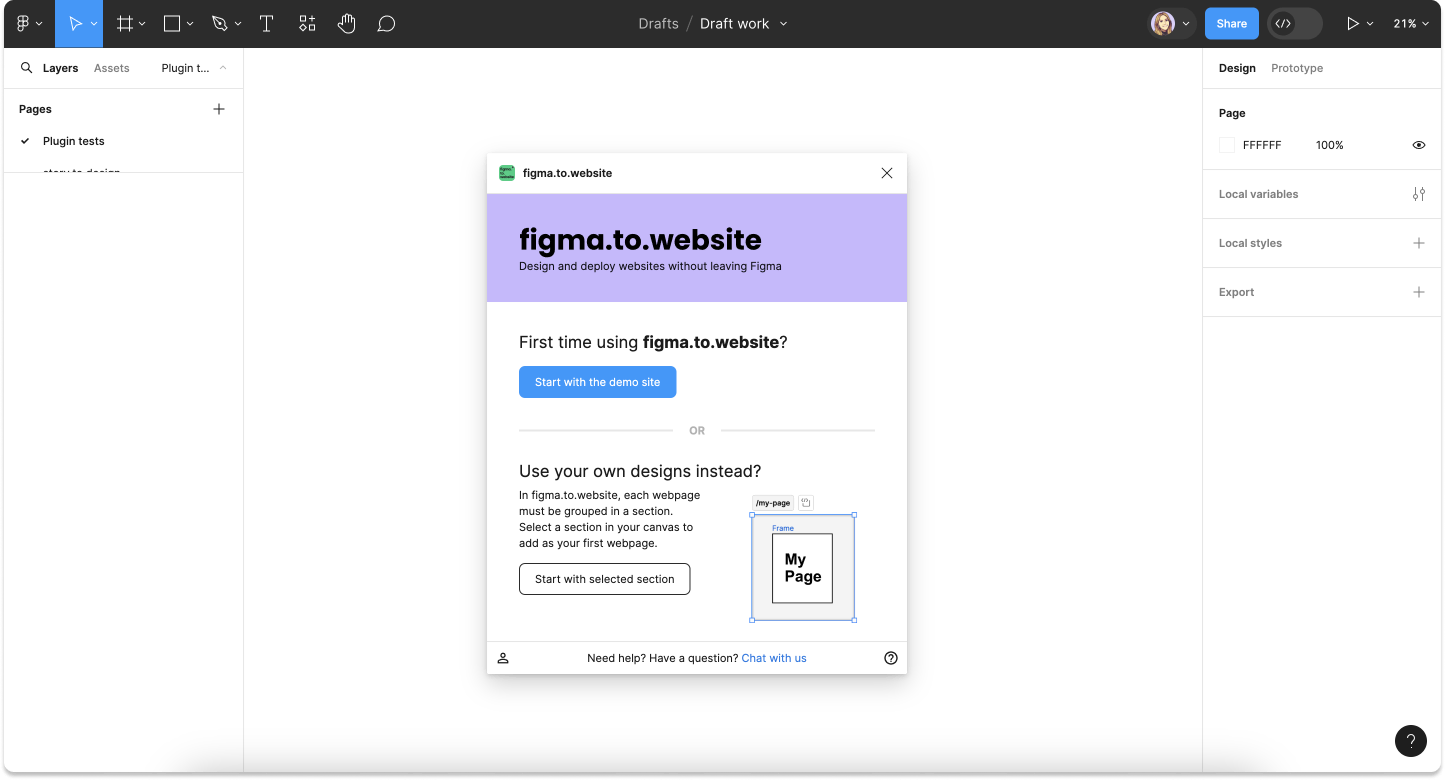 Welcome screen of the figma.to.website Figma plugin.