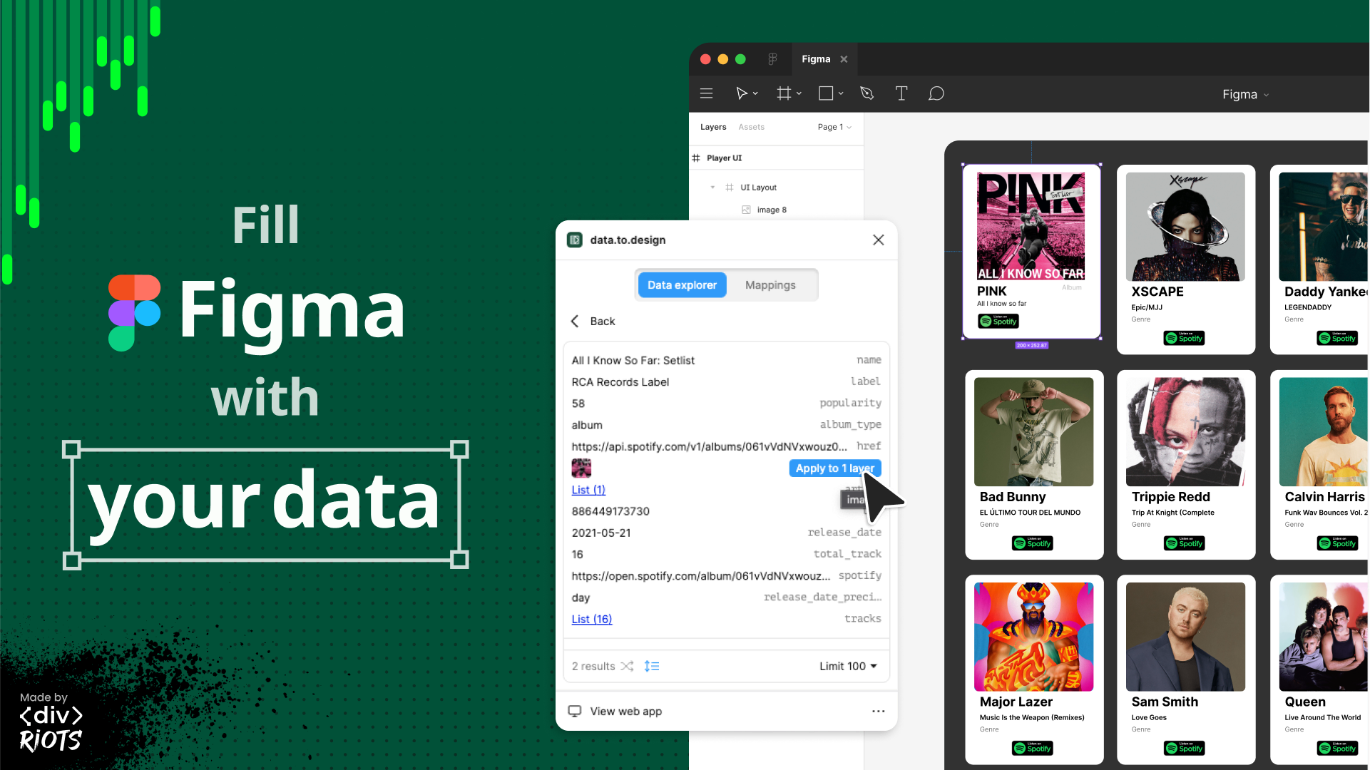 Screenshot of Figma plugin data.to.design with the title Fill Figma with your data.