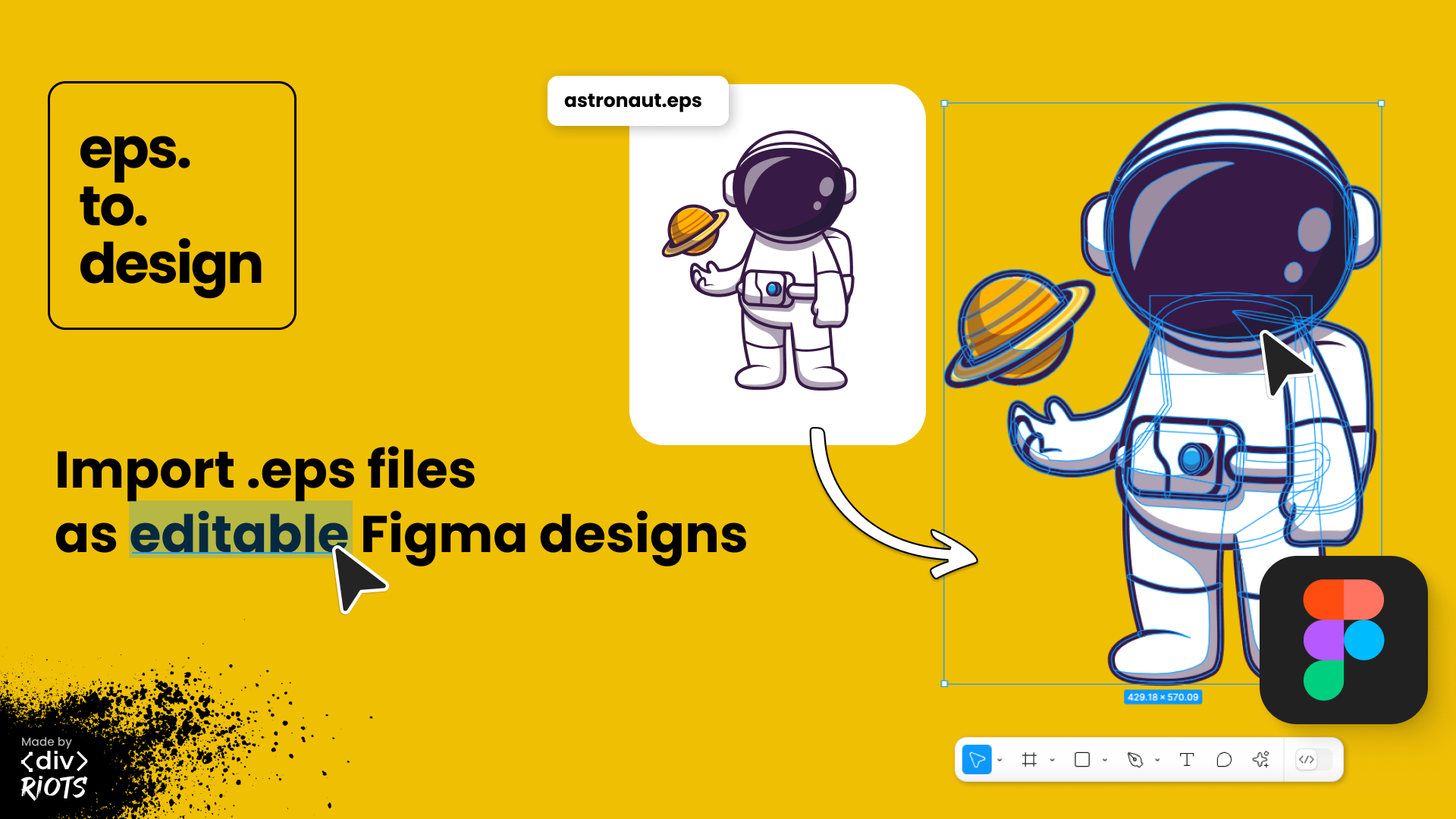 An .eps file with an arrow pointing into a Figma icon and layers with the title Import .eps files as editable Figma designs.