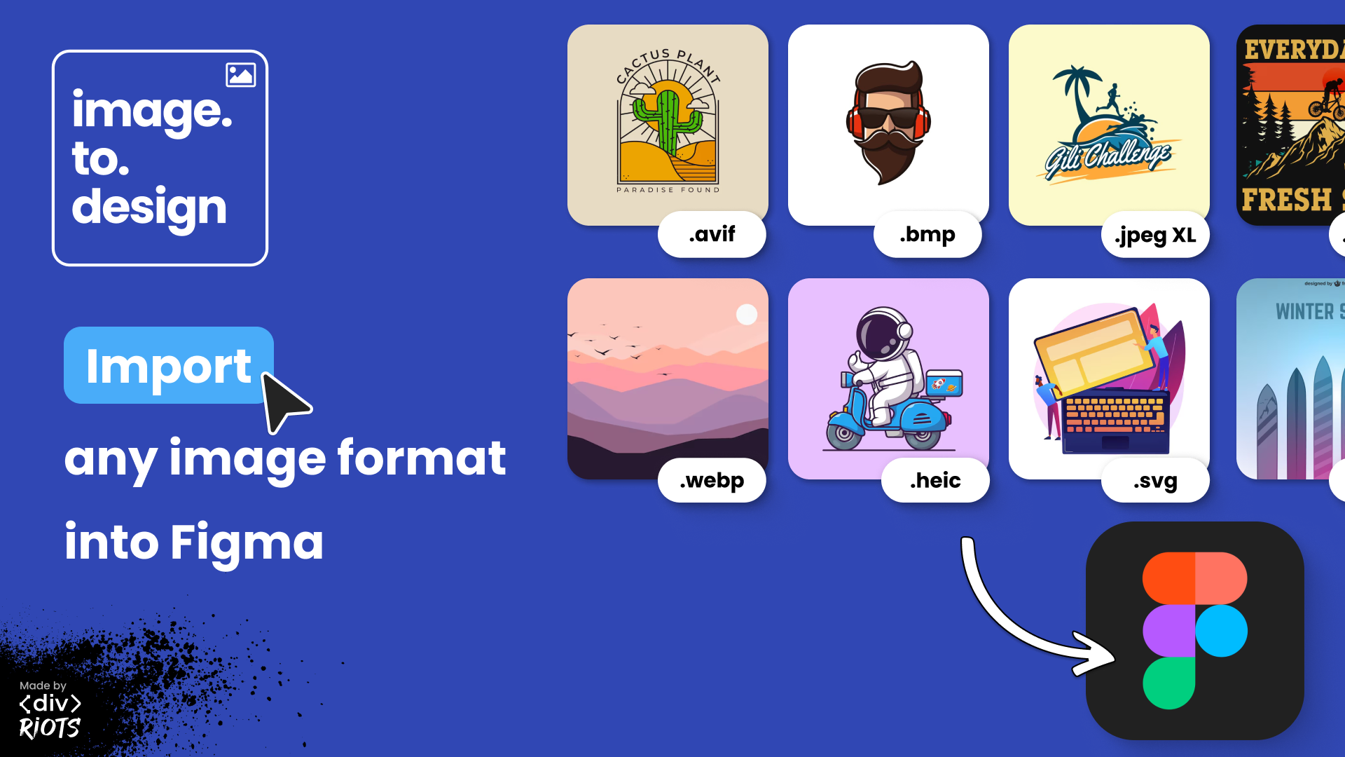 Wide range of image format icons with an arrow pointing into a Figma icon and the title Import any image format into Figma.