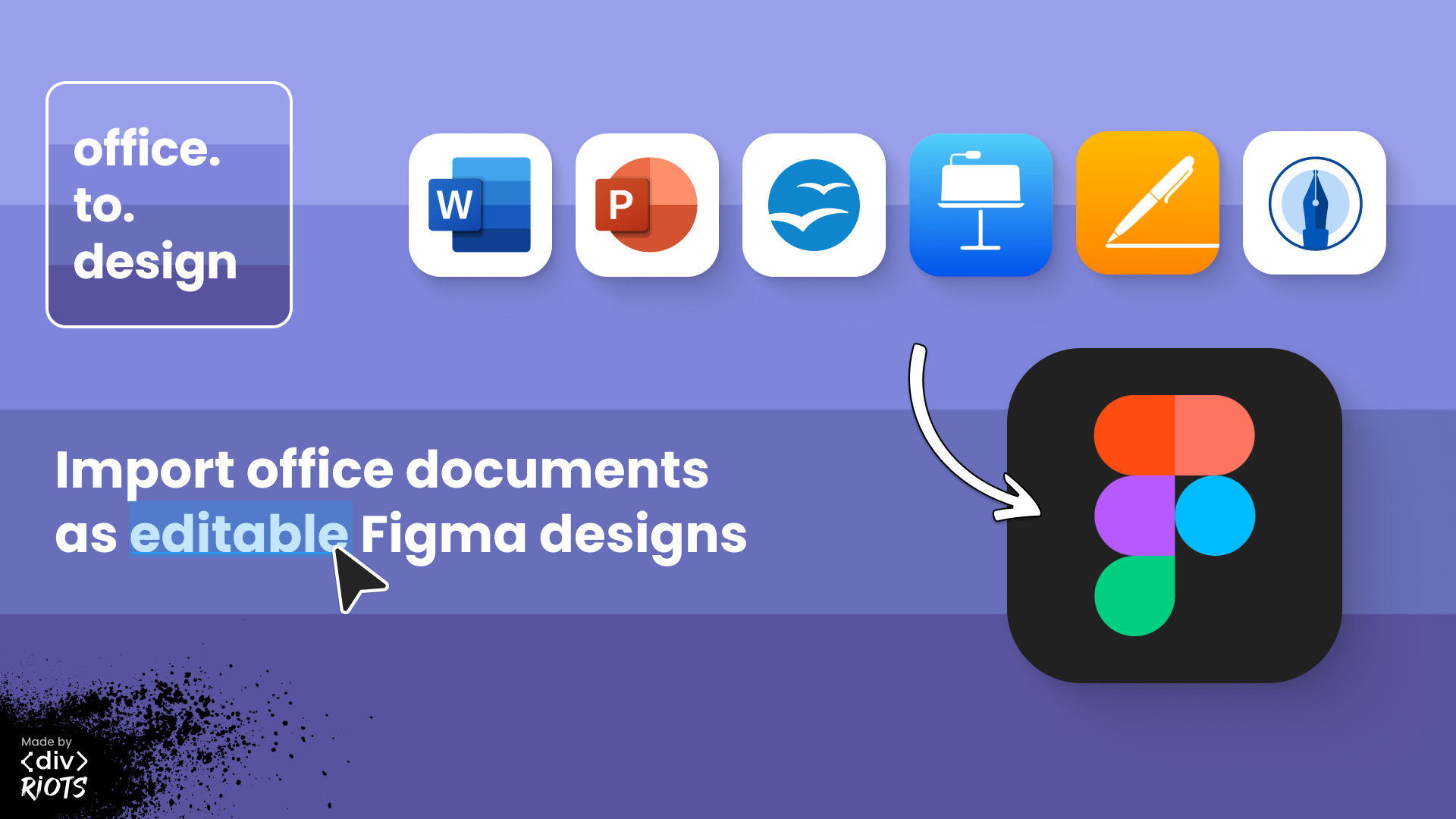 Popular office file icons with an arrow pointing into a Figma icon and the title Import office documents as editable Figma designs.