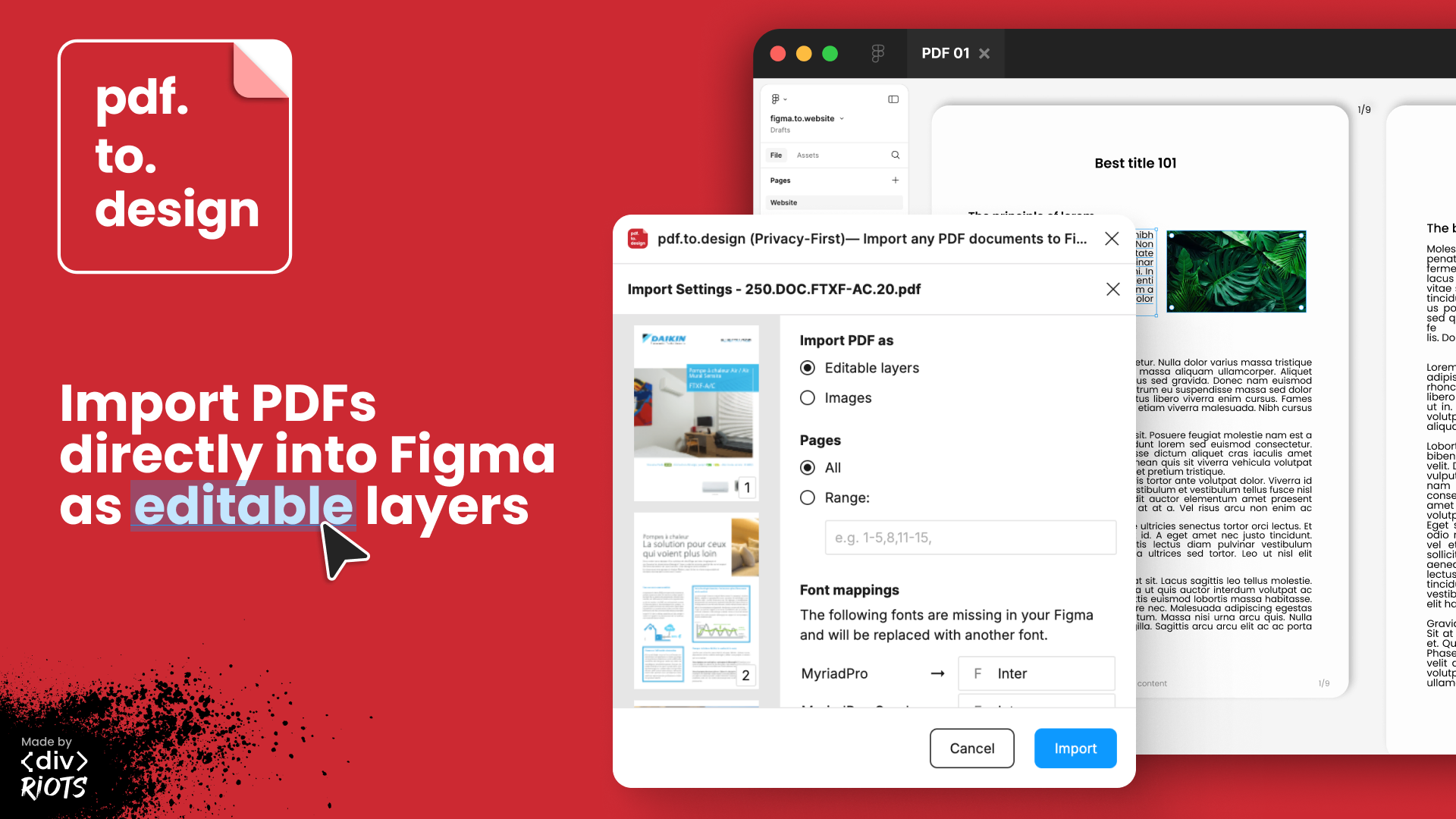 Screenshot of Figma plugin pdf.to.design with the title Import PDFs directly into FIgma as editable layers.