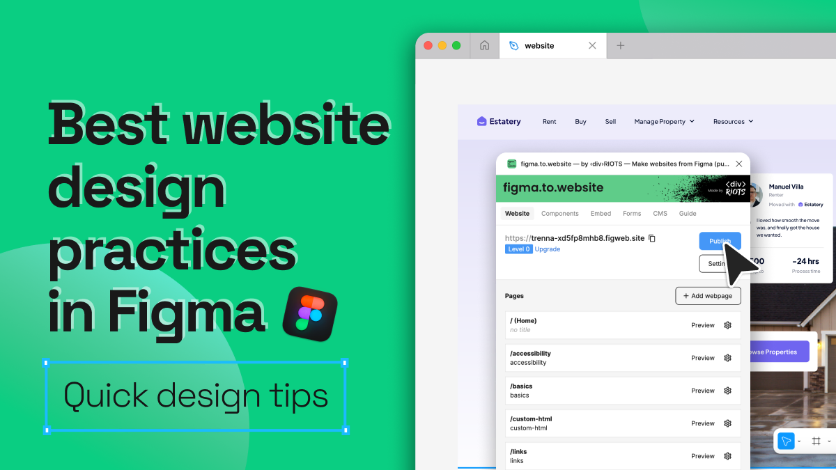 Green card titled “Best website design practices in Figma – Quick design tips”, next to the figma.to.website plugin panel over a real-estate site.
