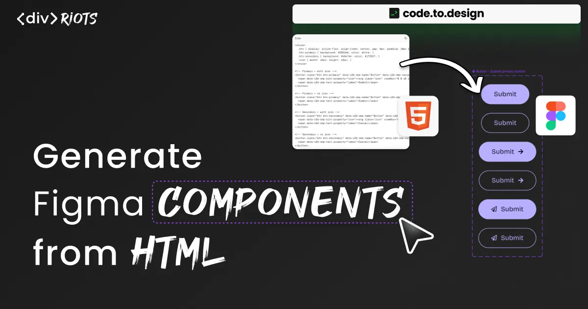 HTML 5 logo, code.to.design logo and Figma logo with an arrow pointing from code to Figma components.