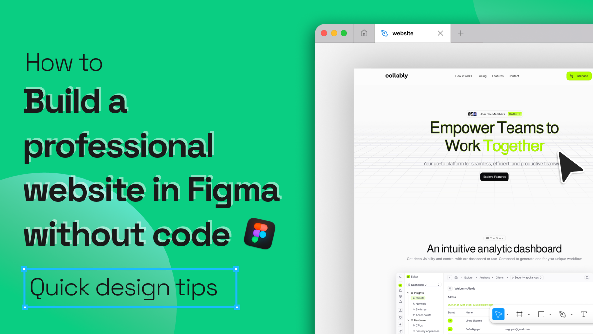 Green card titled “How to build a professional website in Figma without code – Quick design tips”, next to a browser showing a SaaS landing page.