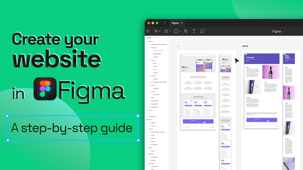Green card titled “Create your website in Figma – A step-by-step guide”, next to a Figma canvas of website page frames.