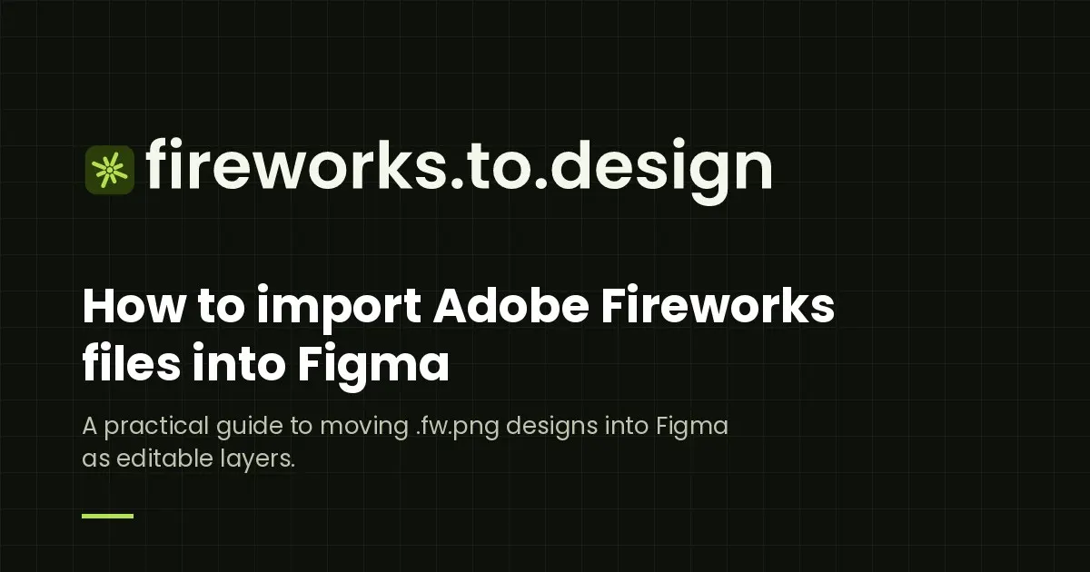 The fireworks.to.design wordmark above the headline "How to import Adobe Fireworks files into Figma".