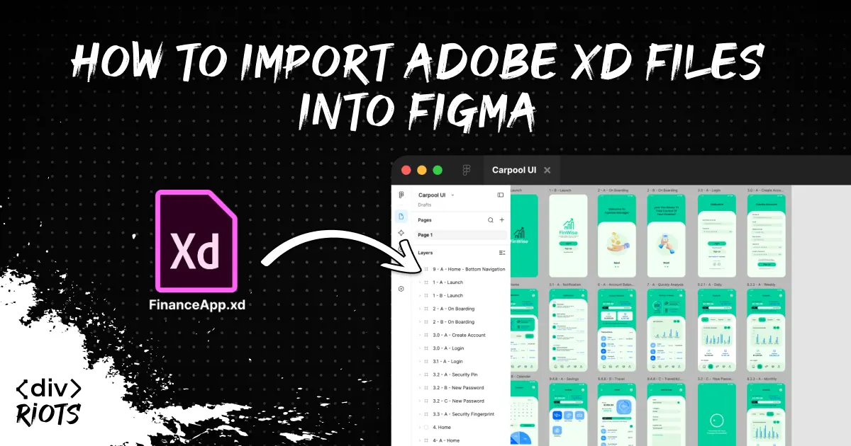An Adobe XD logo with an arrow pointing into a Figma canvas with an XD design imported.