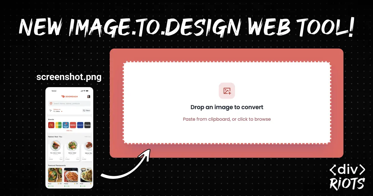 App screenshot with an arrow pointing into the image.to.design web tool.