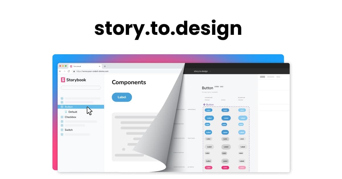 Illustration of storybook on the left and Figma on the right. Showing the conversion of a button from storybook to Figma variants.
