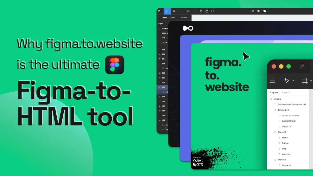 Green card titled “Why figma.to.website is the ultimate Figma-to-HTML tool”, next to the Figma editor with the plugin open.